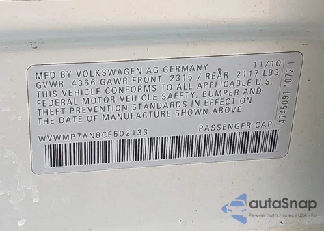 2012 Volkswagen Cc Sport из США, поврежденный, VIN WVWMP7AN8CE502133